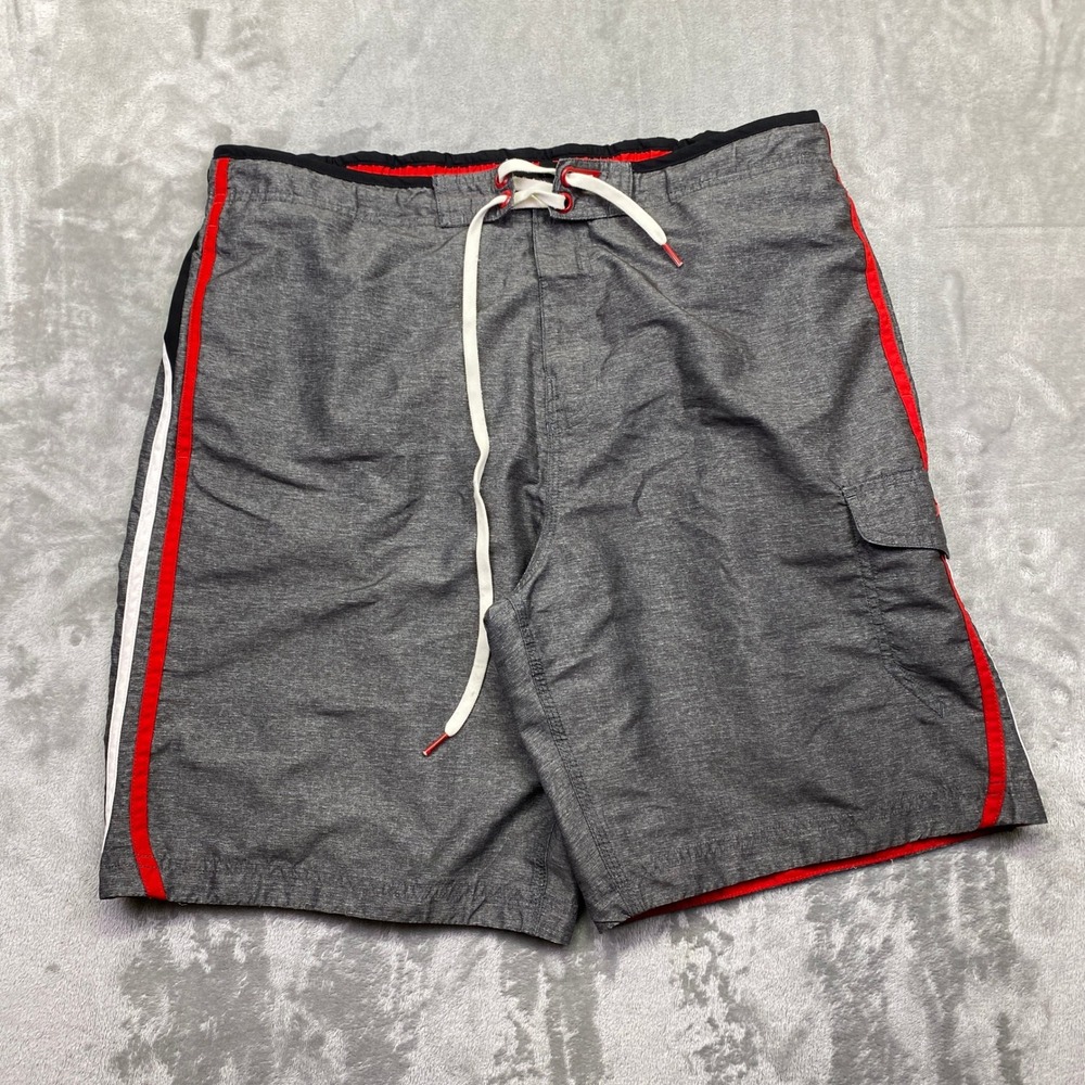 Speedo Mens Gray Red White Stripe Swim Trunks Board Shorts Size L Tropical